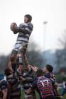 Tynedale's Matthew Fieldhouse wins the line-out against Old Albanians. Photo: David T. Hewitson/Sports for All Pics